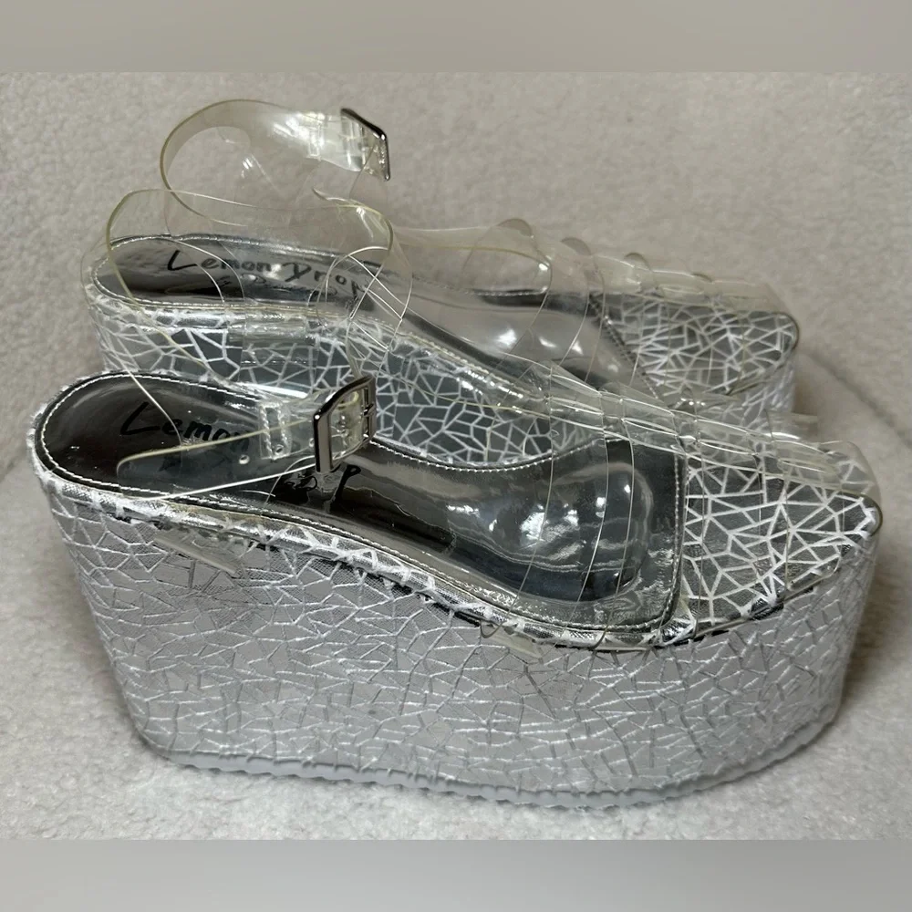 Lemon Drop‎ by Privileged Dolls Kill platform sandals silver white clear 7.5 8